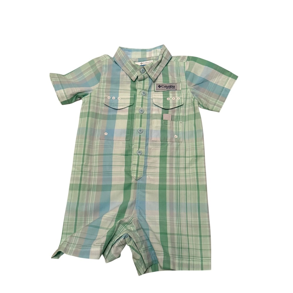 Columbia PFG Bahama Romper Kids 12-18M Green Blue Plaid Fishing One Piece
